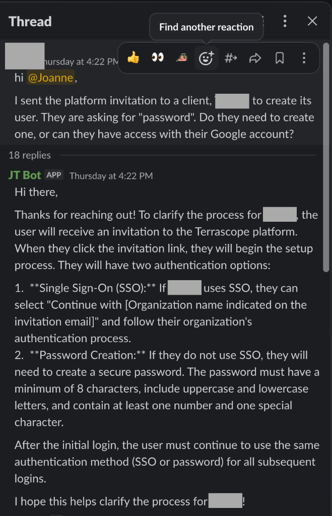 Internal product support AI agent replying to stakeholder query on Slack